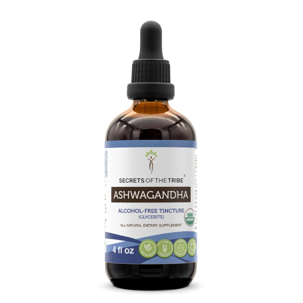 Ashwagandha USDA Organic Tincture Alkoholfreier Extrakt, Ashwagandha Withania Somnifera Anti-Stress und Entspannung 4 OZ