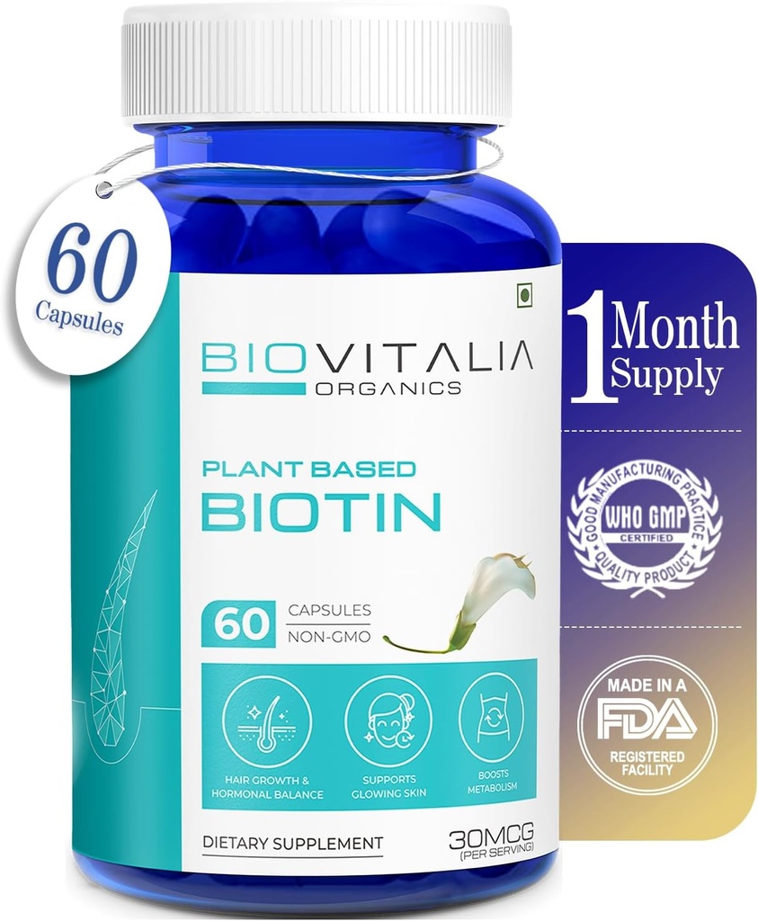 Pflanzenbasierte reine Biotin-Ergänzungskapseln- Unterstützung stärkere Nägel & Haarwachstum angereichert mit Sesbania Grandiflora Sonnenblume Samen Amla Beetroot & Spinat - 60 Veg Kapseln