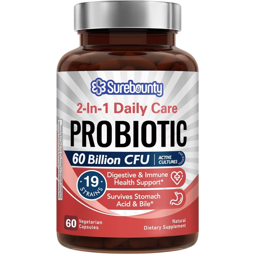 Probiotics 60 Billion CFU 19 Strains für Männer und Frauen, mit 100mg Prebiotic, Shelf Stable, 2-in-1 Daily Care Probiotic, Non-GMO, Digestive & Immune Health, 60 Veggie Kapseln