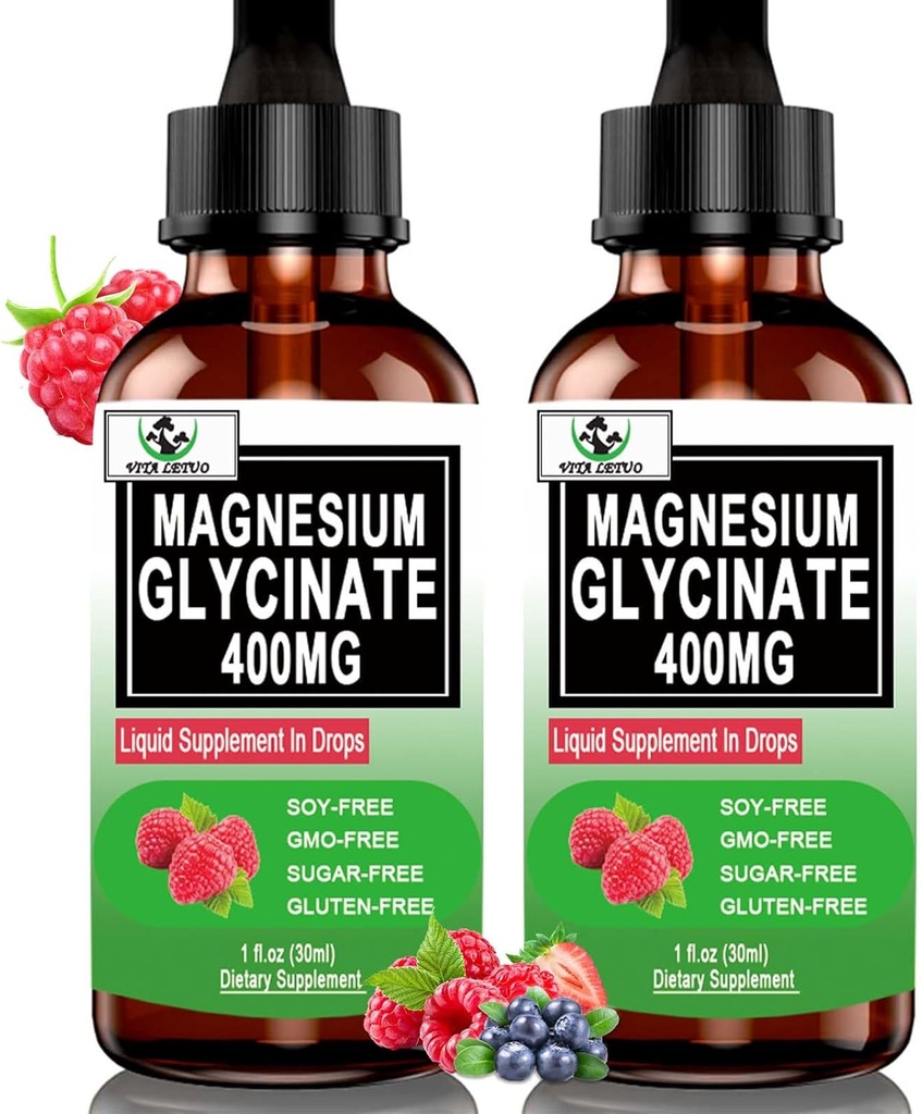 (2 Pack) Magnesium Glycinat Flüssigkeitstropfen,6X hohe Absorption flüssige Magnesium-Ergänzung für Knochen,Schläppchen,Rinder und Immununterstützung,Pure Magnesium Glycinate 400mg für Frauen Männer,Vegan,Non-GMO