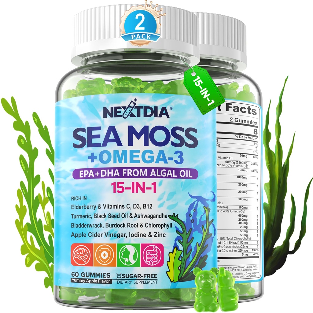 Sea Moss Gummies + Algae Omega-3 für Erwachsene, 15-IN-1 Organic Irish Sea Moss Superfood mit/Vitamine C D3 B12, Turmeric, Bladderwrack, unterstützt Energie, Gehirn, Immune, Tägliche Vitalität, Sugar-Free, 120 Cts