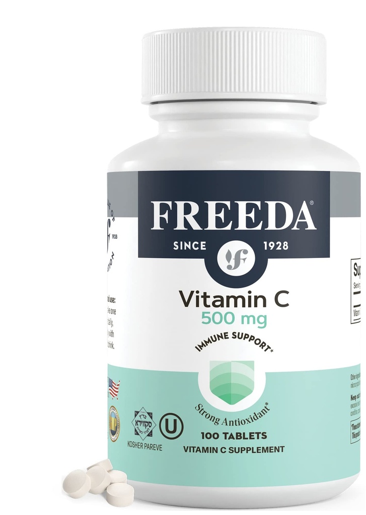 FREDA Vitamine C - Vitamine végétale C 500mg - Casher - Support antioxydant puissant - Vitamines C faciles à avaler Comprimés comme acide ascorbique - Vitamine pure C 500 mg - Supplément VIT C (100 Nombre)
