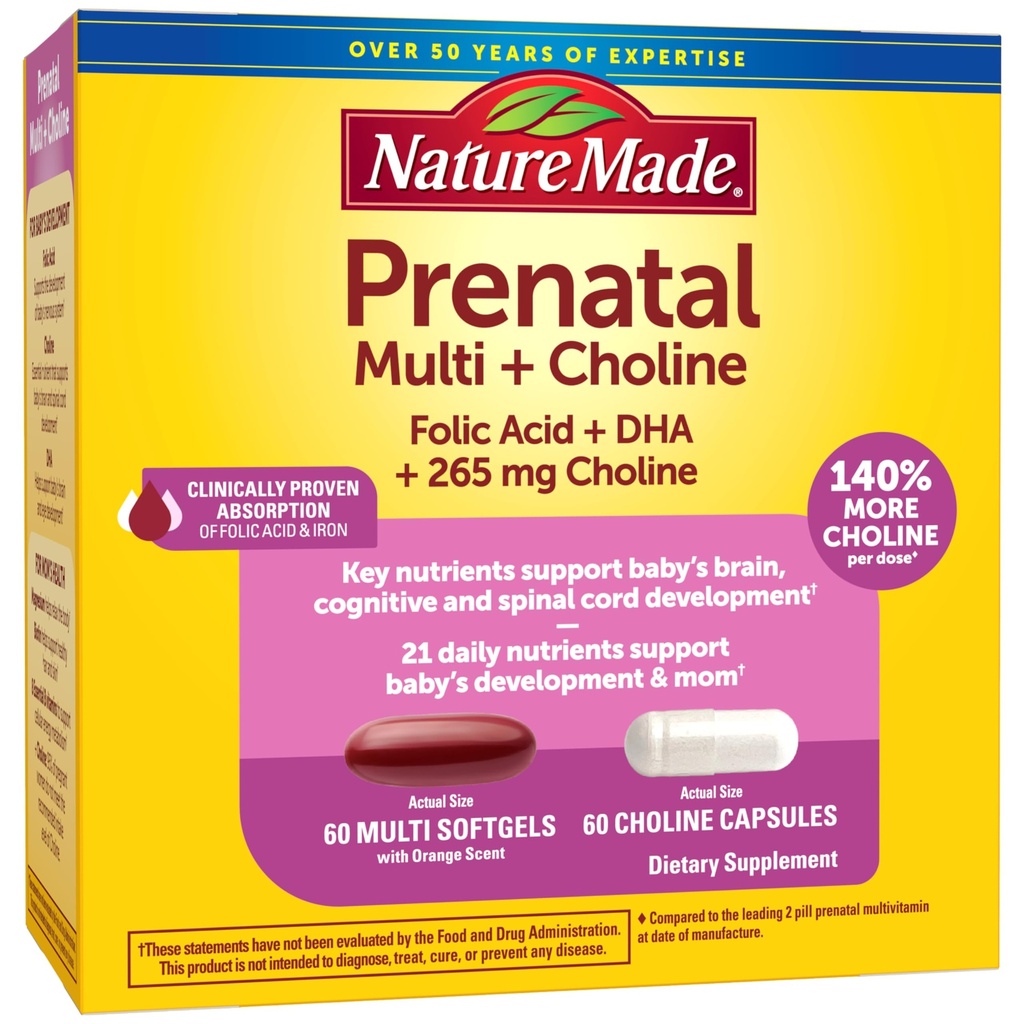 Nature faite Vitamines prénatales Softgels + Capsules Choline, Acide folique + DHA + Choline, 60 Vitamines prénatales pour les femmes, 60 Capsules de compléments Choline, 60 jours d'approvisionnement