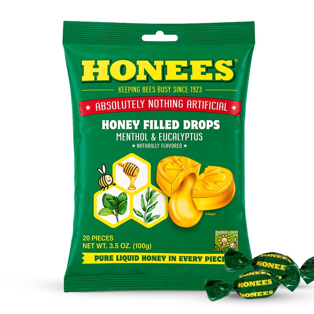 Hones Honey Menthol Toux gouttes - 20-piece, un seul paquet de losanges au miel.