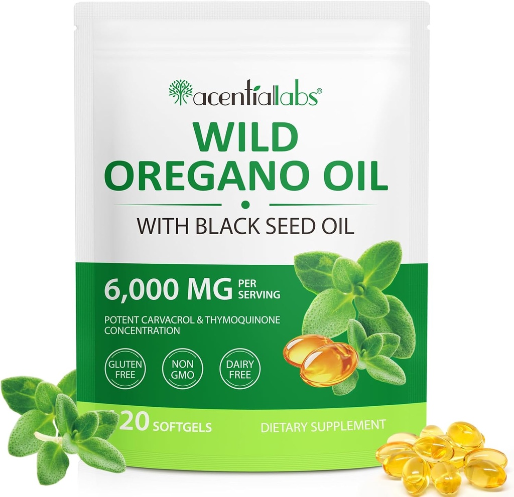Huile d'Origan avec huile de graines noires,huile d'Origan softgels 6000mg par portion,2 en 1 formule avec huile de graines noires 200mg,huile d'Origan organique,sans gluten,sans lait,120compte(1 paquet)