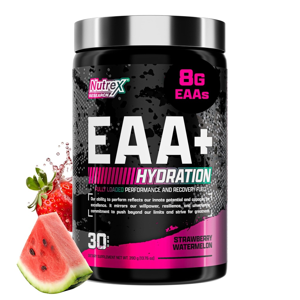 Nutrex Forschung EAA Hydration | EAAs + BCAA Pulver | Muskelrückgewinnung, Stärke, Muskelaufbau, Endurance | 8G Essential Amino Acids + Elektrolyte | Erdbeerwassermelone 30 Servieren