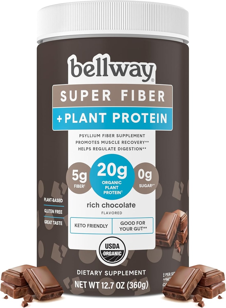 Bellway Super Fibre + poudre de protéines, supplément de fibre de psyllium organique sans sucre avec 20g de protéines végétales par portion, chocolat riche, 12,7 oz