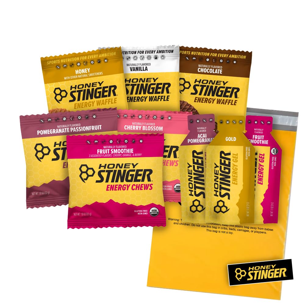 Honey Stinger Training Kit – 9 Count Plus Sticker und Polybag – Energiequelle für jede Aktivität – 3 Bio-Waffeln, 3 Packungen Energy Chews & 3 Energy Gels