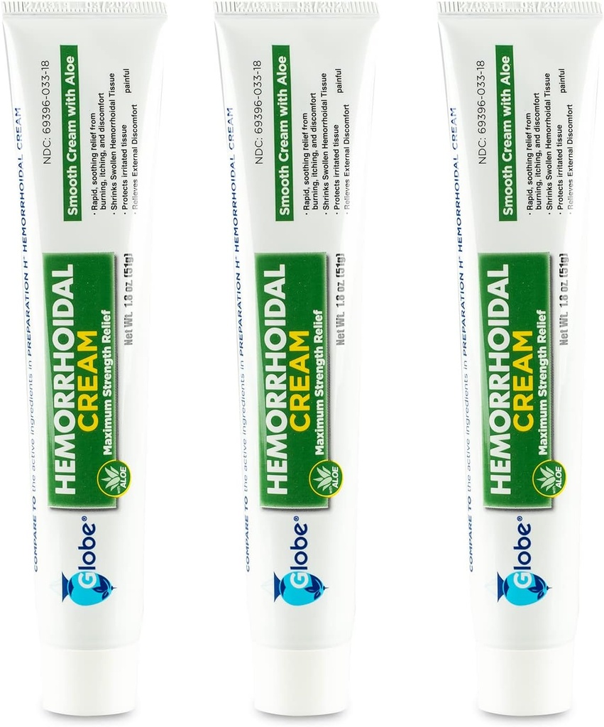 Globe (3 Pack) Hämorrhoid Creme, Relief mit Aloe, (1.8 Unze Tube) Relief von Hämorrhoiden, Piles, Juckreiz, Brennen, Unglück, & More