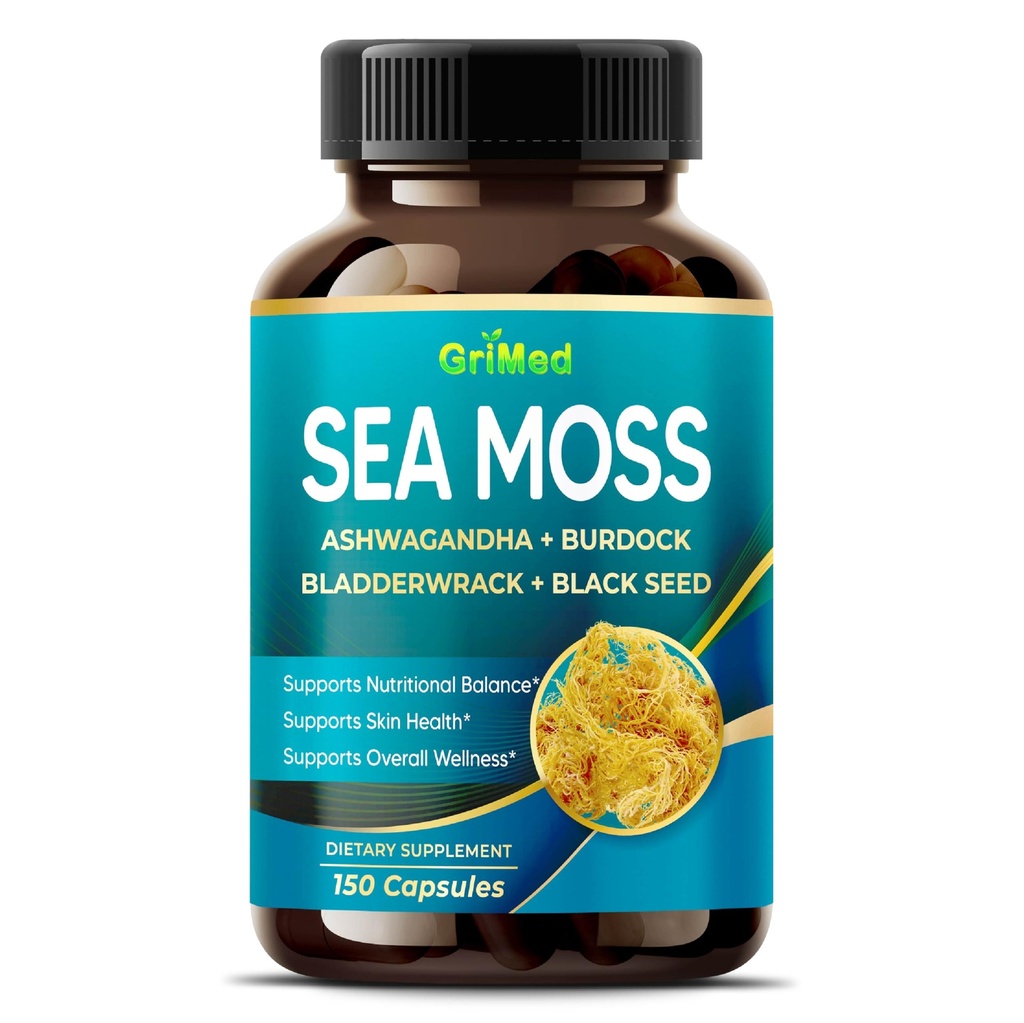 Mousse de mer premium avec Ashwagandha, Burdock Bladderwrack, Graine noire pour système immunitaire, peau, digestion et énergie- Fabriqué aux États-Unis (150 comte (paquet de 1))