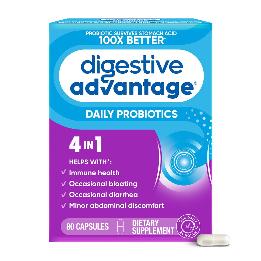 Avantage digestif Probiotiques pour la santé digestive, Probiotiques quotidiens pour les femmes et les hommes, Soutiens Gut Health, Bloating occasionnel & Diarrhée, Désagrément Abdominal Mineur, & Immune Support, 80ct Capsules