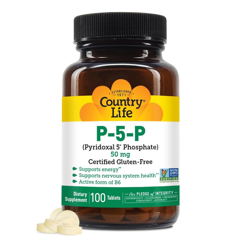 Country Life P-5-P Vitamin B6 – Bioverfügbare Pyridoxal-5-Phosphate-Ergänzung für Energie, Nervous System Support und Red Blood Cell Growth – Certified Gluten Free, Vegan, Non-GMO – 100 Kapseln