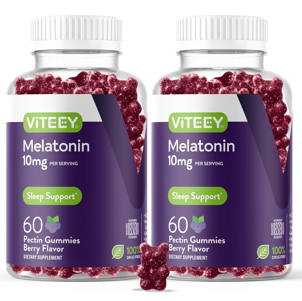 Viteey Melatonin Gummies 10mg - Schlafgummis für Erwachsene Extrastärke Melatonin - Vegan, GMO Free, Glutenfrei - 120 Count