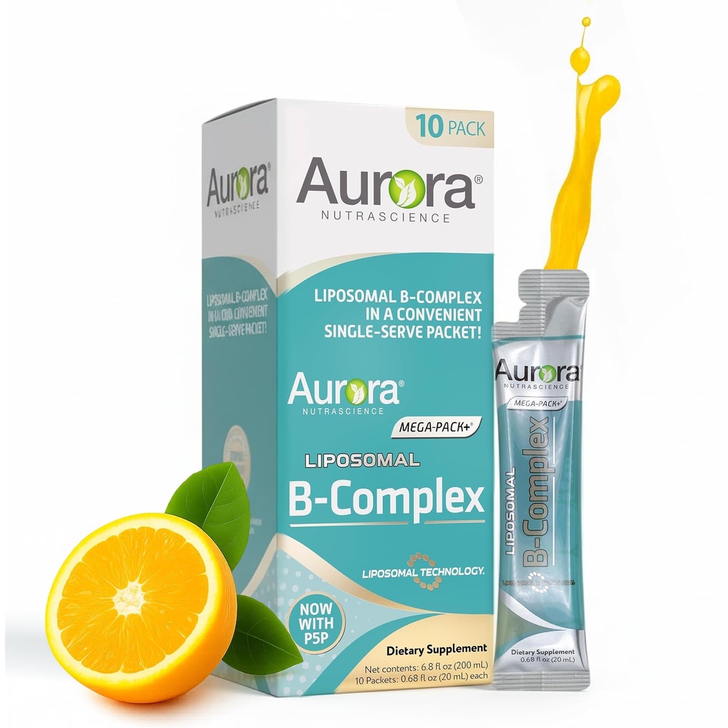 Aurora Nutrascience Mega-Liposomal B-Komplex + Vitamin C, unterstützt Energie, Immun- & Nervous System Gesundheit, Glutenfrei, Non-GMO, Sugar-Free, Orange Flavor, 10 Single Serve Packets