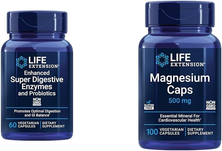 Life Extension 60 Vegetarische Kapseln Enhanced Super Digestive Enzyme & Probiotics und 100 Magnesium Kapseln für Herz, Knochen, Stoffwechselunterstützung