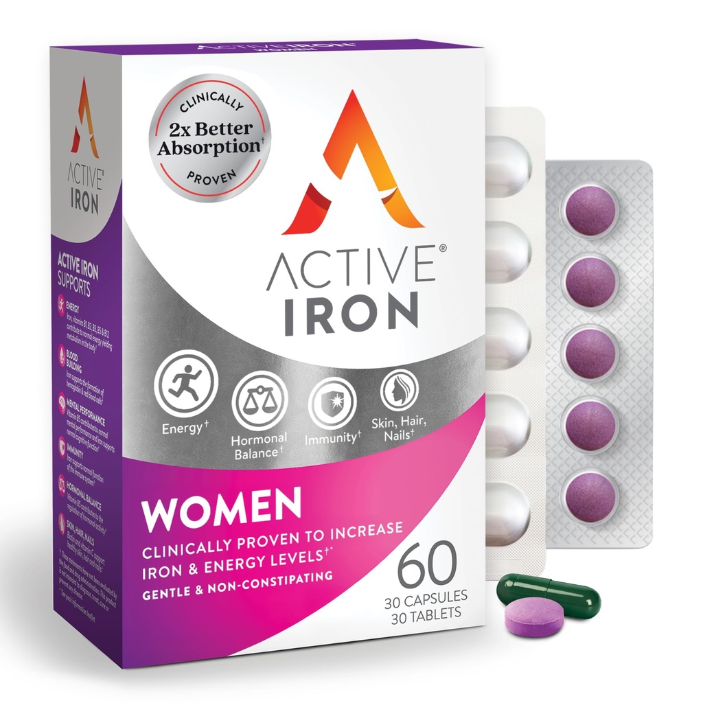 Active Iron Supplement 25mg + Multivitamin für Frauen – Klinisch bewährt, um Energie zu erhöhen und Reifen zu reduzieren – Gentle, Non-Constipating Iron + Women’s Multivitamin – 30 Kapseln + 30 Tabletten