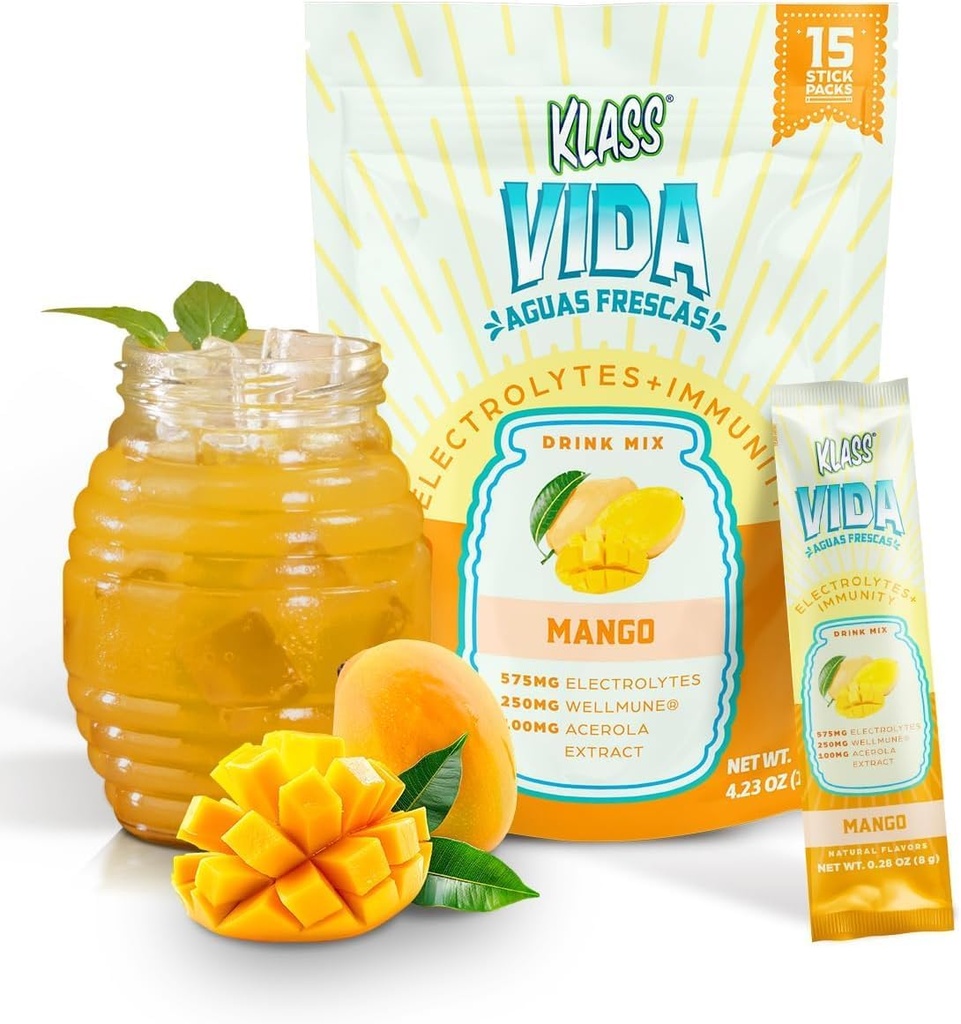 Hydration + Immunität Elektrolyt Getränke Mix – Mango Agua Fresca Flavor | Zuckerfreies Pulver mit Wellmune®, Acerola, Kokoswasser & Minerals | 15 Single-Serve Stick Packs, natürliche Flavor