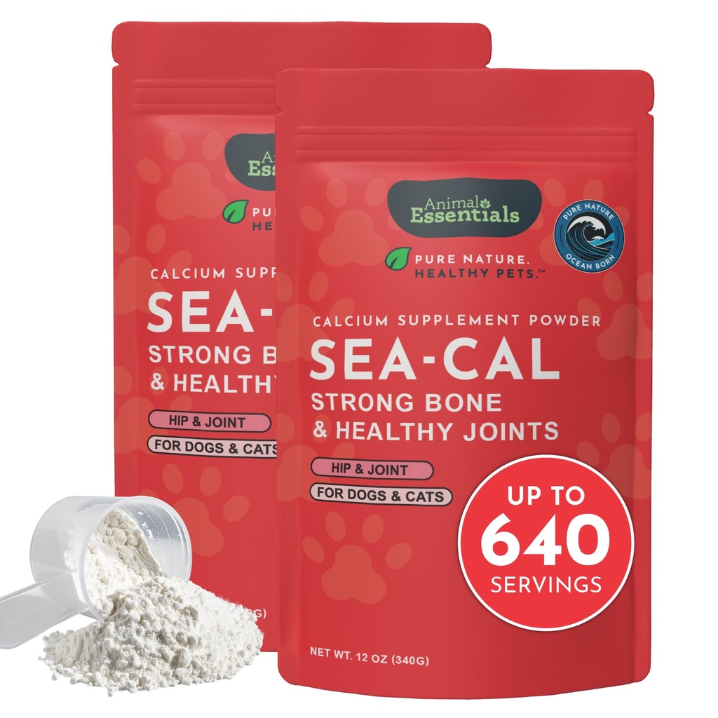 Essentials animaux Sea-Cal - Poudre de Calcium d'algues pures pour chiens au magnésium, Supplément pour chiens et chats pour os et dents sains, Santé articulaire, Calcium d'algues islandaise - 12 oz (paquet de 2)