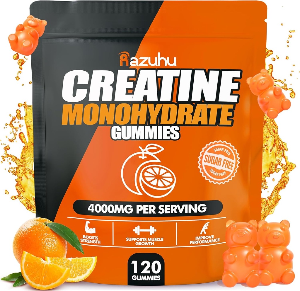 Gommies monohydratées de créatine pour les hommes et les femmes, 4g de monohydrate de créatine par service pour la puissance maximale, performance, sans sucre, végétalien, supplément de pré-entraînement(120 comte)-Orange