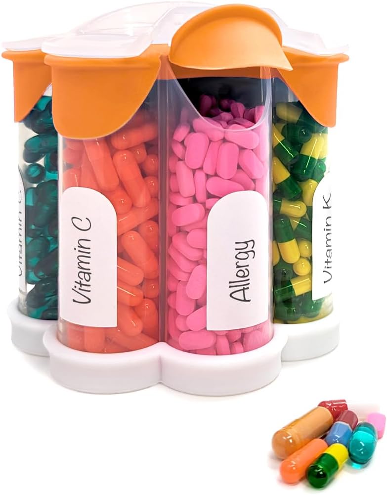 Extra große Pillen Organizer Täglich, Wöchentlich, Monatliche Beilage Flasche, niedliche Blossom Pillenspender mit 7 XL Komponenten, einfach geöffnete Pillen Box für Vitamine, Medikamente, Labels Included (Orange)
