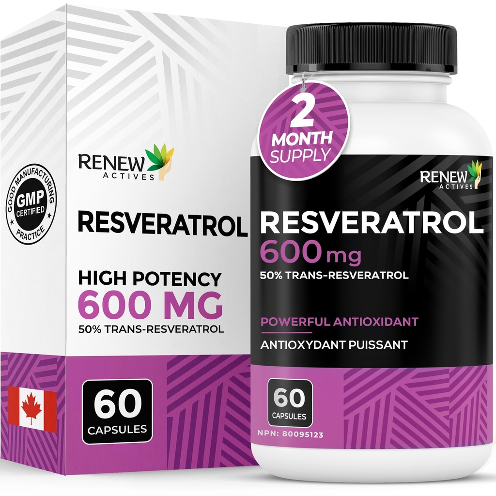 Renouveler le supplément de resvératrol actif 600mg par portion - Complexe antioxydant à haute puissance avec 50% de trans-resvératrol – soutient la santé cellulaire et la longévité - Fabriqué au Canada – 60 Capsules Vegan