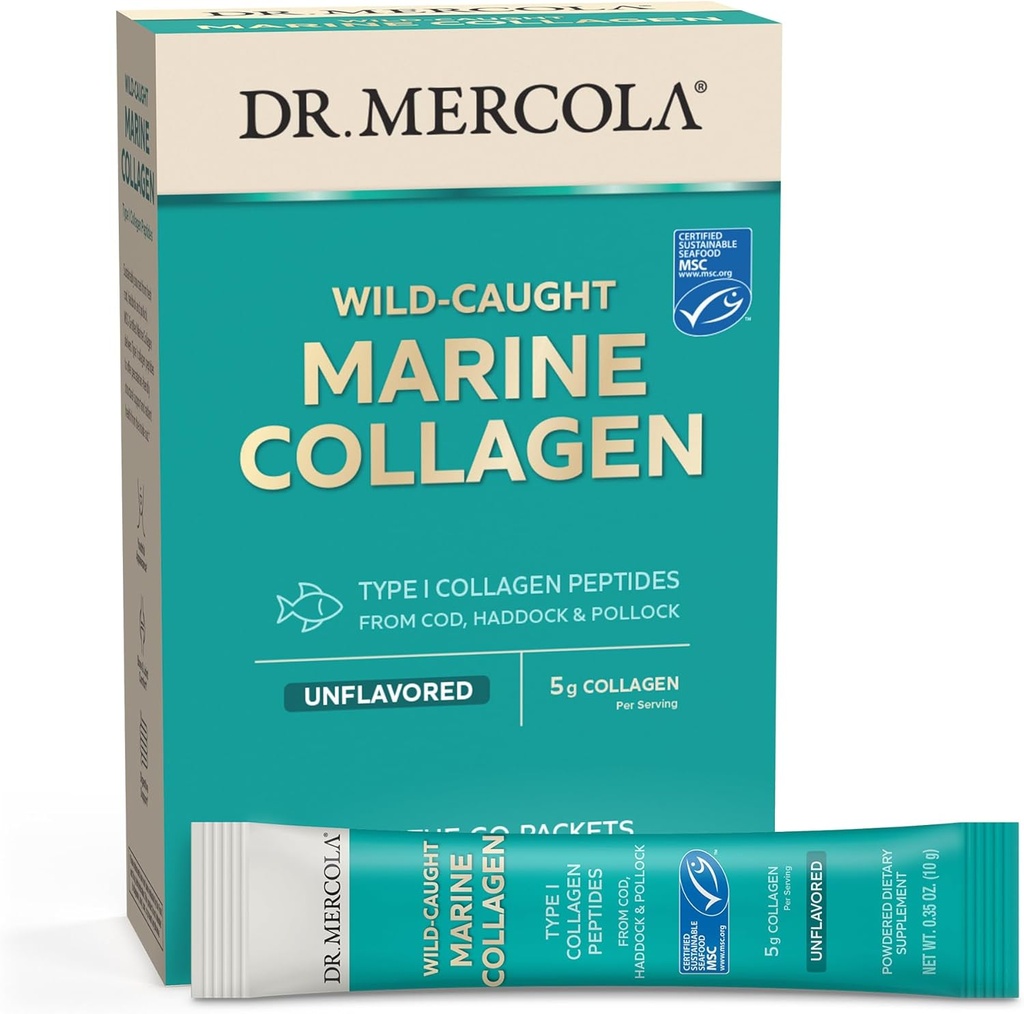 Dr. Mercola Marine Collagen Powder Packets, 5g Collagen per serving, 15 portions (15 packets sur la route), supplément alimentaire en poudre, non aromatisé, peptides collagènes de type 1 de morue, d'aiglefin et de bouleau