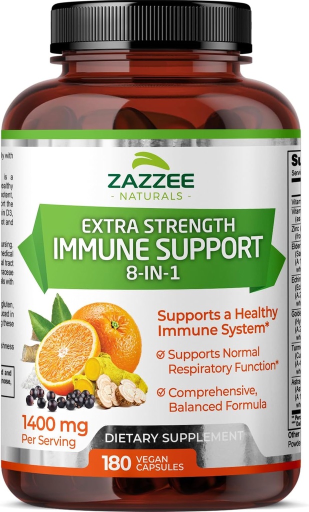 Zazze Extra Strength 8-in-1 Immununterstützung, 1400 mg pro Kapsel, 180 Vegan Kapseln, 1000 mg Vitamin C, 1000 IU D3, Zink, Elderberry, Echinacea, Goldenseal, Turmeric, Astragalus, Made in USA
