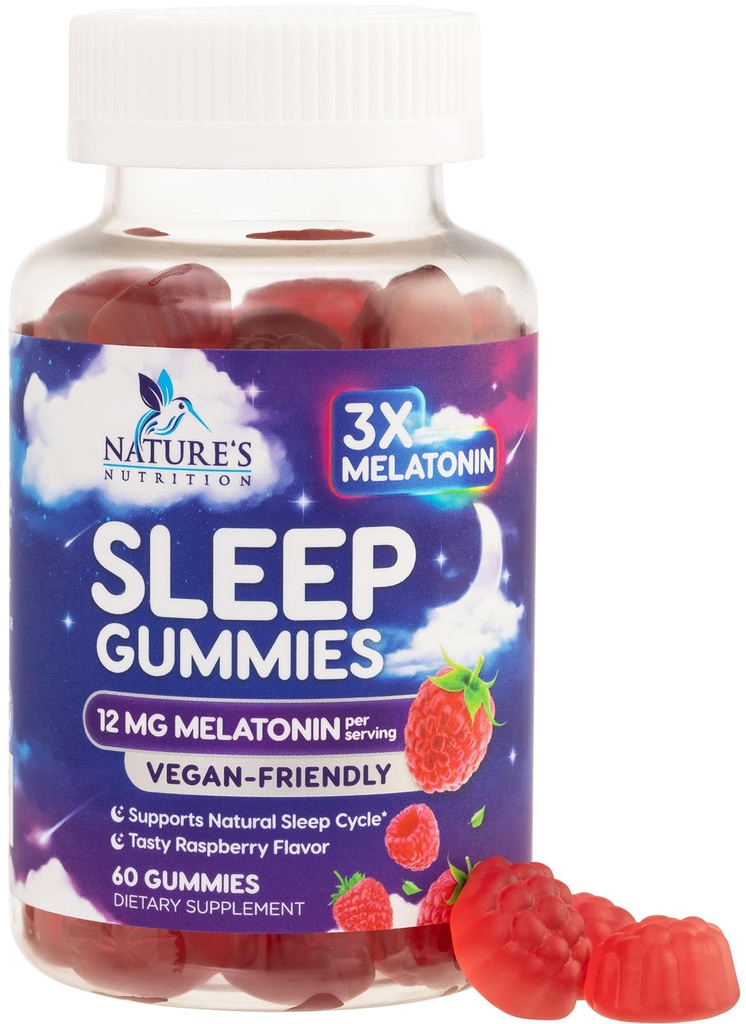 Gummies de sommeil pour adultes Extra Strength - 12 mg Melatonin Supplément Gummy de sommeil, Melatonin Gummy pour supplément occasionnel de soutien du sommeil, végétalien, non-OGM, sans gluten, Gomitas para Dormir, 60 Gummies