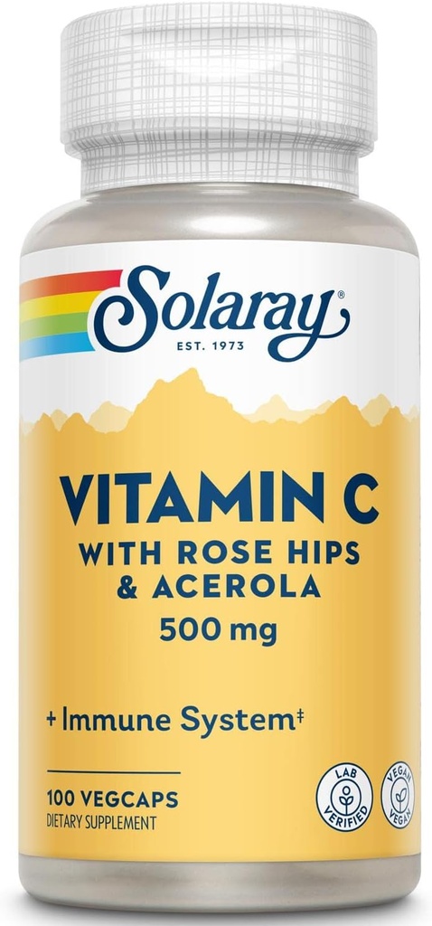 Solaray C w/Rose HIPS & Acerola Zweitage, Timed-Release, Veg Cap (Btl-Plastic) 500mg | 100 Count | Paket von 2
