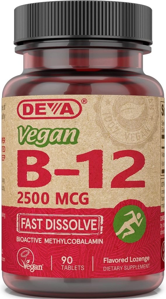 Vitamines Vegan Deva B-12, Haute puissance 2500 mcg B12, Dissolve rapide, Sublingual, 90 comprimés (paquet de 3)