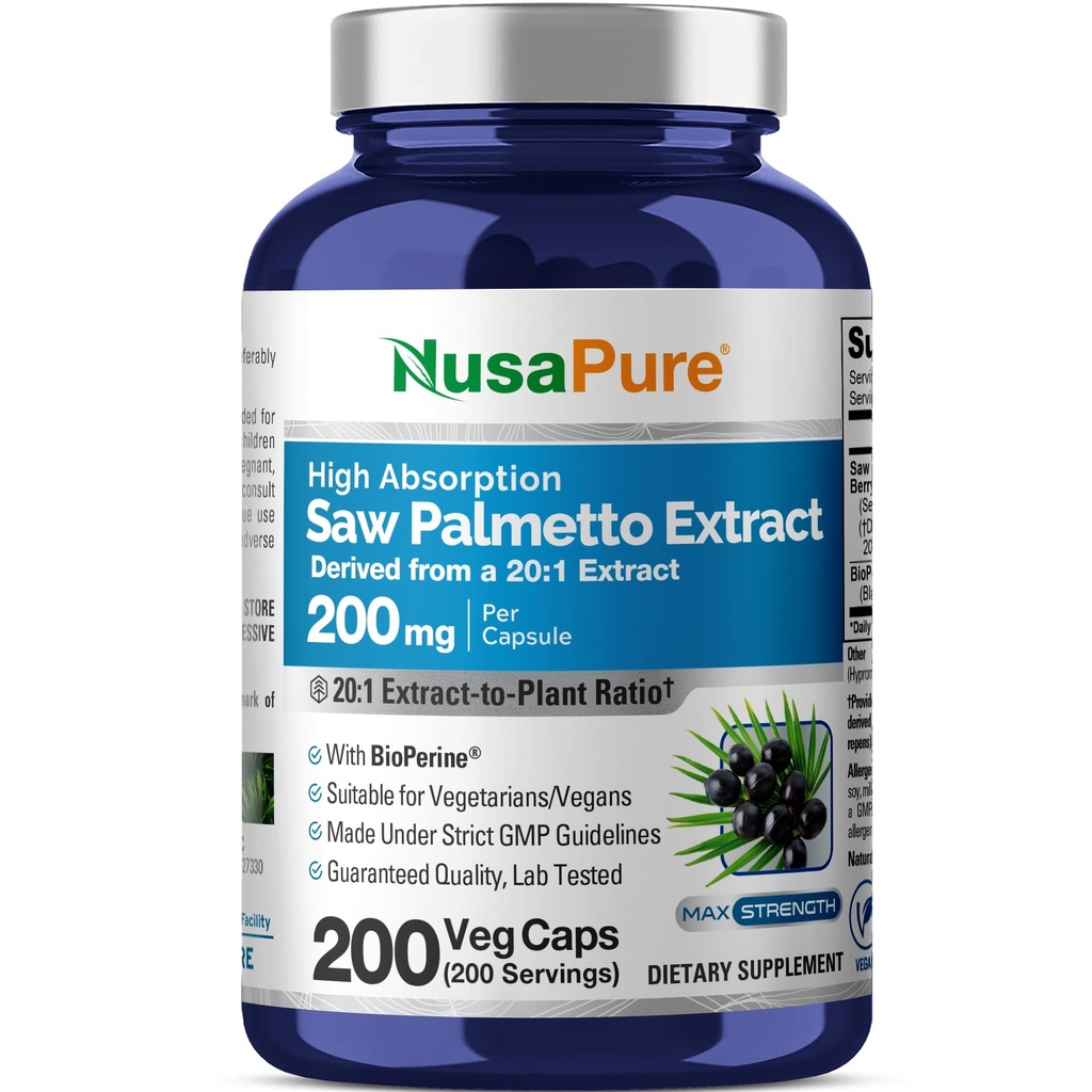 NusaPure Saw Palmetto 20:1 Extrait, 200 mg Équivalent à 4 000 mg par Veggie Caps 200 Compte Non-OGM, Vegan, Végétarien, Biopérine