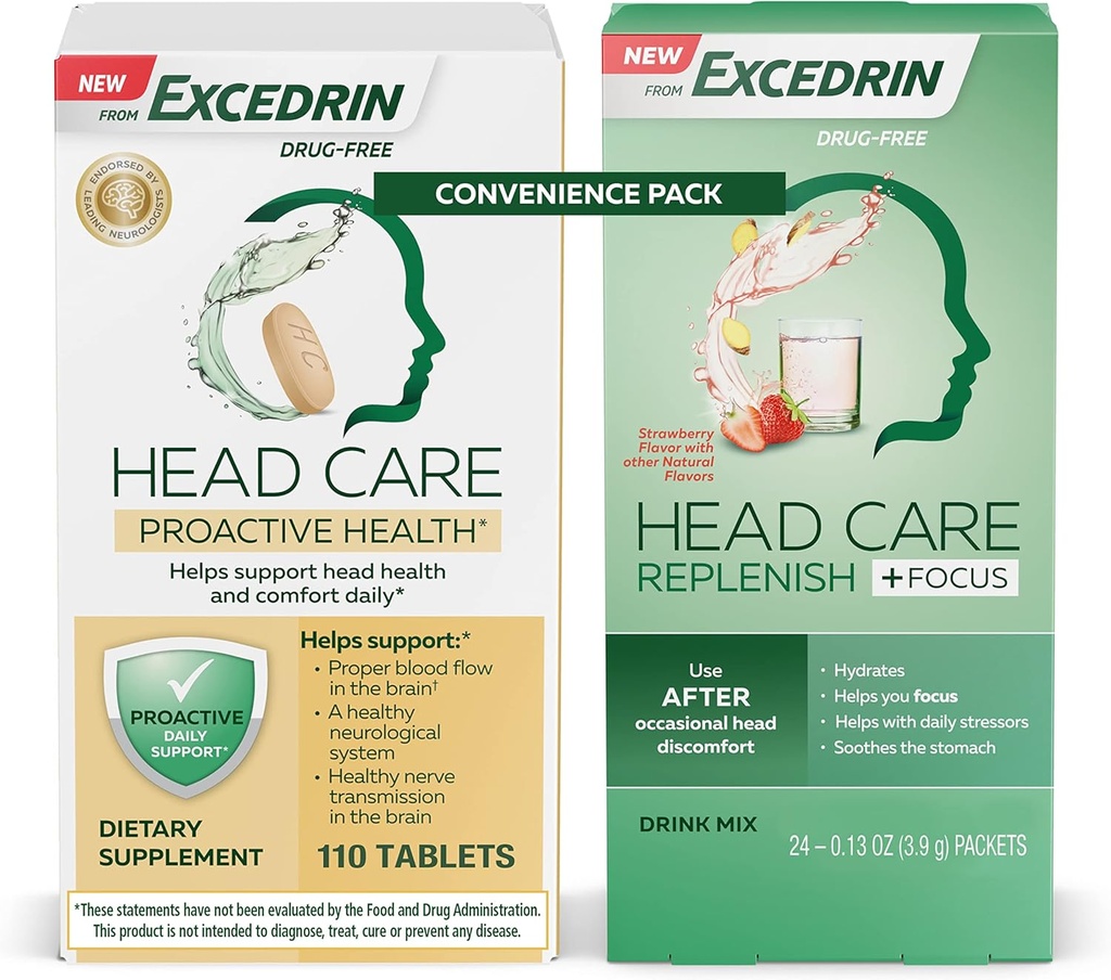 Excedrin Head Care Proactive Health Nahrungsergänzungsmittel - 110 Zähler und Kopfpflege Replenish Plus Focus Drink Mix aus 24 Packungen Convenience Pack