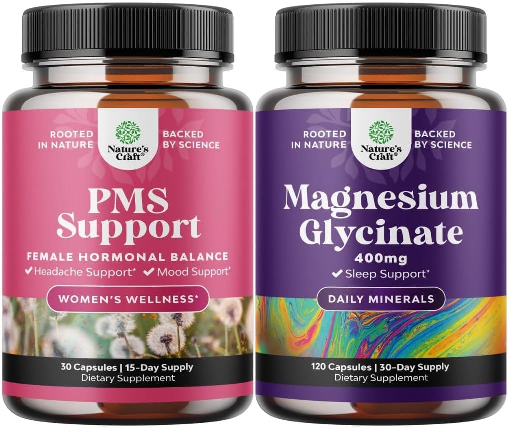 Ensemble de supplément de soutien avancé PMS pour les femmes et Glycinat de magnésium pur 400mg par service pour l'humeur du sommeil et la relaxation