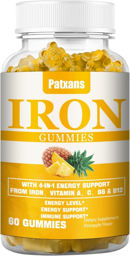 1 Pack 100MG Eisenergänzungsgummis für Damen und Herren - mit Vitamin A, C, B - Energieunterstützung für Eisenmangel, Anämie, Erwachsene & Kinder, Ananas Flavor Gummy, 60ct.
