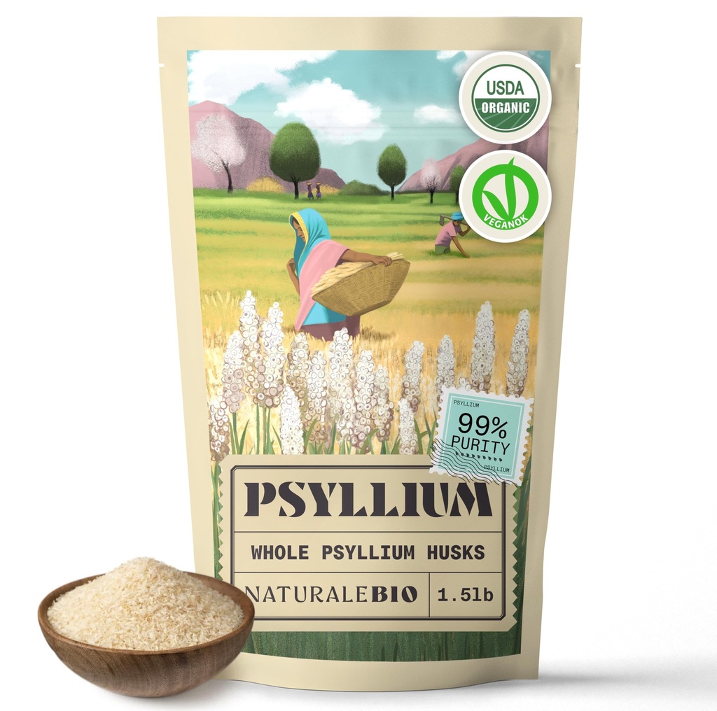 NaturaleBio Psyllium Husk entier. 1,5lbs. 99% Pure Psyllium Seed Husks. Supplément fibre naturelle. Certifié biologique USDA. Produit en Inde. Sans gluten, Keto, Paléo, régimes végétaliens. Probiotiques