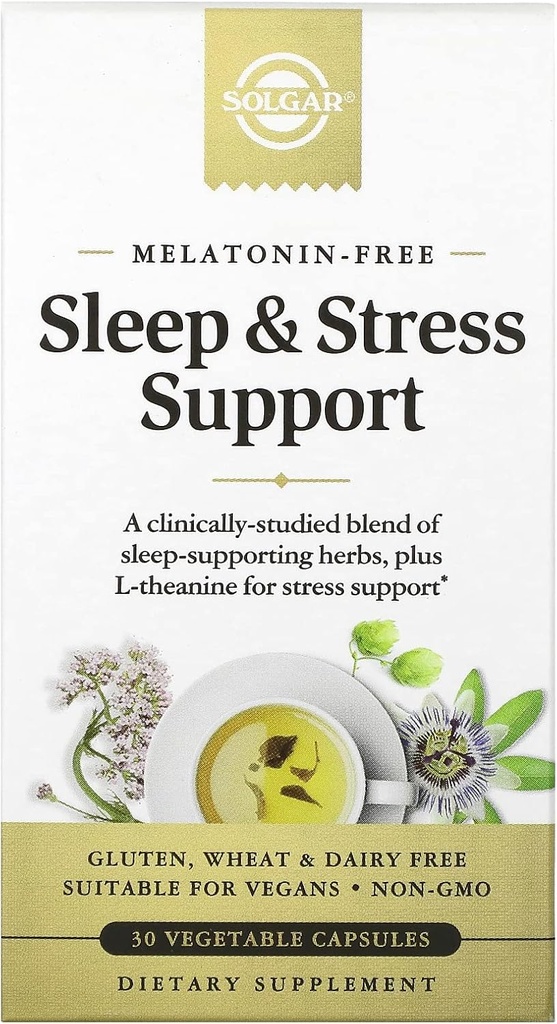 Solgar Sleep & Stress Support, Vegetable Capsules, Melatonin Free, Hilft sich zu entspannen, Beruhigen Sie, Schläfen Sie schnell, verbessern Schlafqualität mit Valerian, Passionflower, Hopfen, Non-GMO, 15 Servierungen, 30 Count