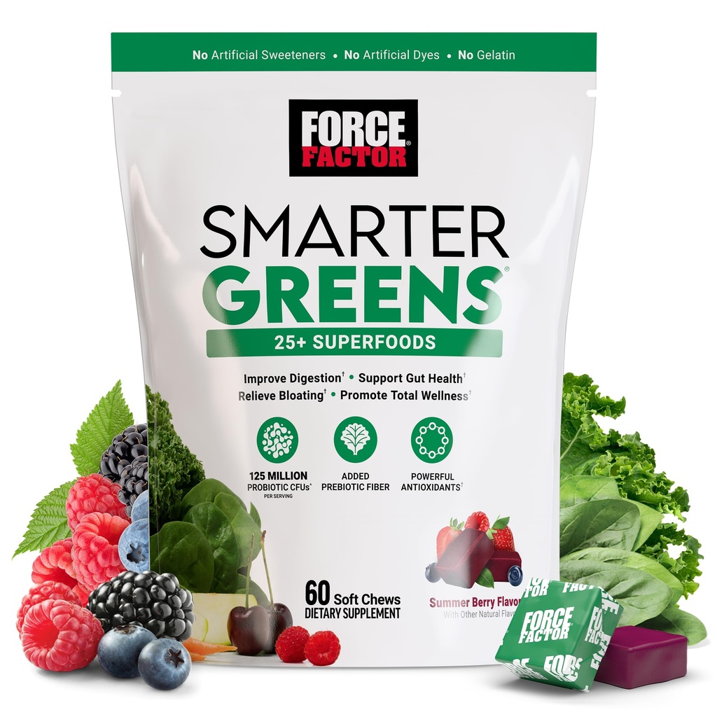 FORCE FACTOR Smarter Greens Superfood Chews, Greens und Superfoods mit Probiotika, Antioxidantien und Fiber, Greens Supplement zur Unterstützung von Verdauung, Nitric Oxide und Energie, 60 Soft Chews
