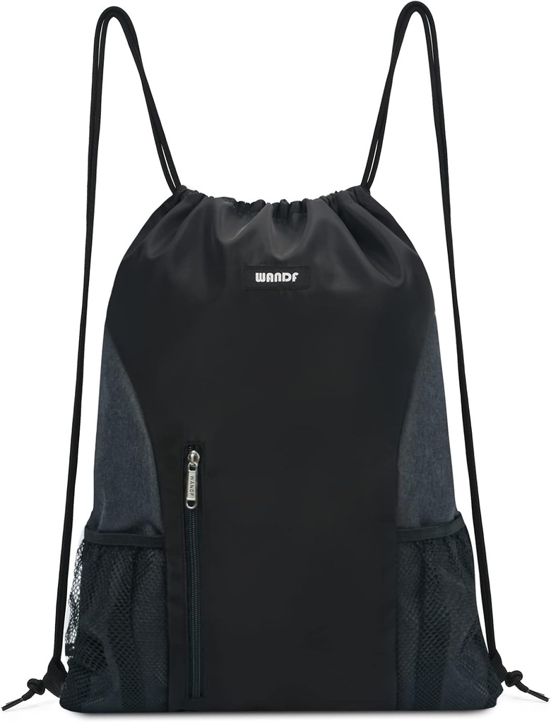 WANDF Drawstring Rucksack Sport Gym Sackpack mit Mesh Taschen Wasserbeständige String Tasche für Frauen Männer (Schwarz)