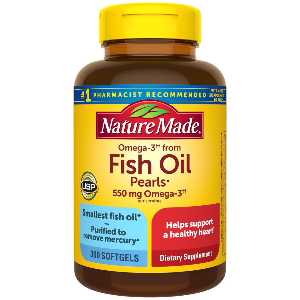 Nature fait Omega 3 suppléments d'huile de poisson, 550mg par service, huile de poisson Omega 3 suppléments comme esters d'éthyle pour un soutien cardiaque sain, 300 Softgels, 100 jours d'approvisionnement