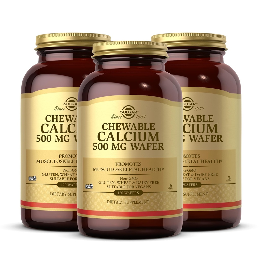 Solgar Calcium à croquer 500 mg - 120 Wafers, lot de 3 - Promotion de la santé musculo-squelettique - Non-OGM, végétalien, gluten, sans blé et sans lait, casher - 180 Total des portions