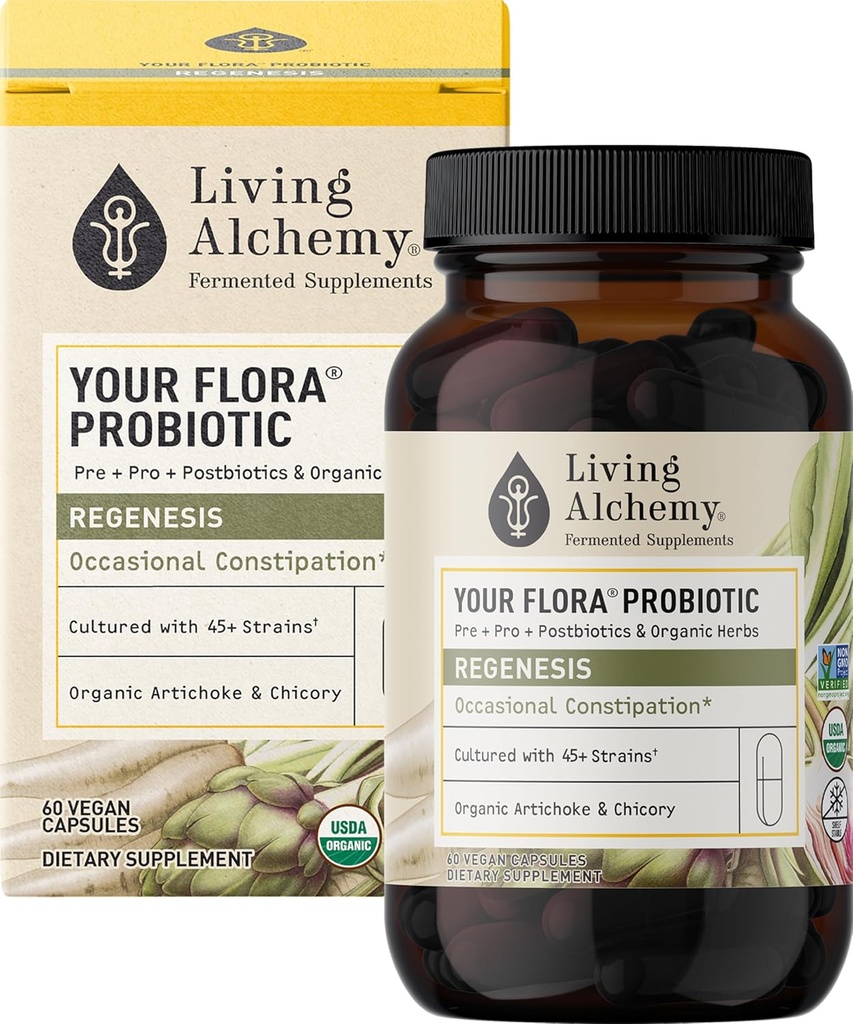Votre Flora Probiotic Regenèse – Probiotiques non OGM avec du soja fermenté, de l'artichaut et de la chicorée pour Gut Wellness & Bowel Support – Prébiotiques, Postbiotiques, Enzymes digestifs – Alchimie vivante, 60 Pcs