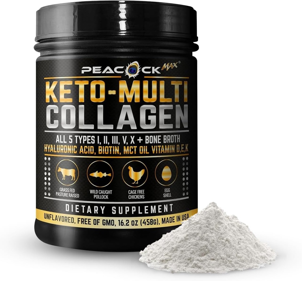 Keto Multi Collagen Peptide 16.2 oz - Knochen Broth Protein Pulver, mit 5 Arten hydrolysiertes Collagen, MCT Oil & Biotin für Haut, Gelenke, Haar & Nails, Unflavored Collagen Powder