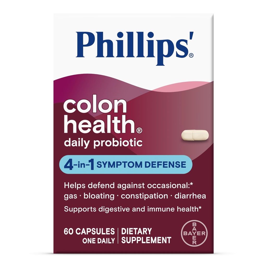 Phillips' Colon Health Daily Probiotic Capsules, 4-en-1 Symptom Defense pour aider à se défendre contre le gaz occasionnel, le ballonnement, la constipation et la diarrhée, supplément quotidien, 60 comte