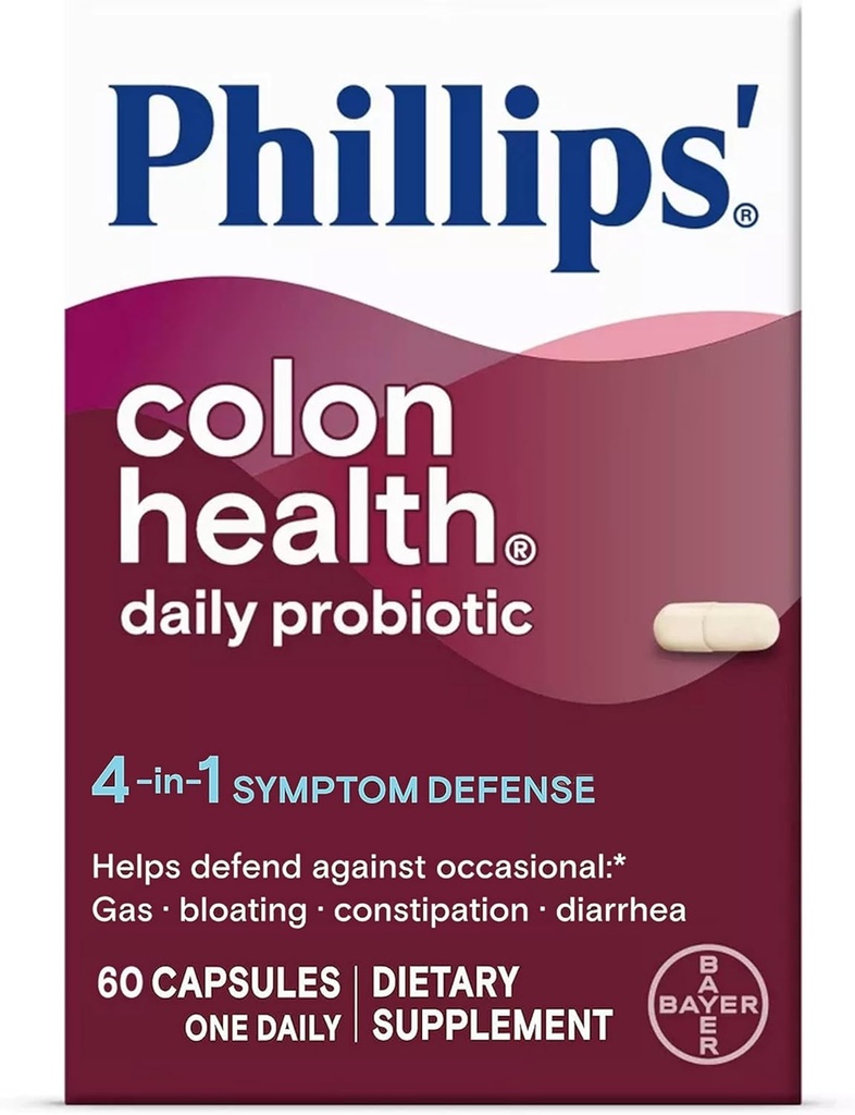 Phillips' Colon Health Daily Probiotic Capsules, 4-in-1 Symptom Defense, um gegen okzionales Gas, Bloating, Constipation und Diarrhea, Daily Supplement, 60 Count