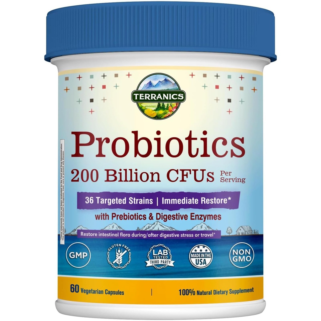 Terranics Daily Probiotics for Men & Women, 200 Billion 36 Strains Immediate Restore Probiotics, with Prebiotics & Enzymes, Delayed Release, Shelf Stable, 60 Veggie Caps