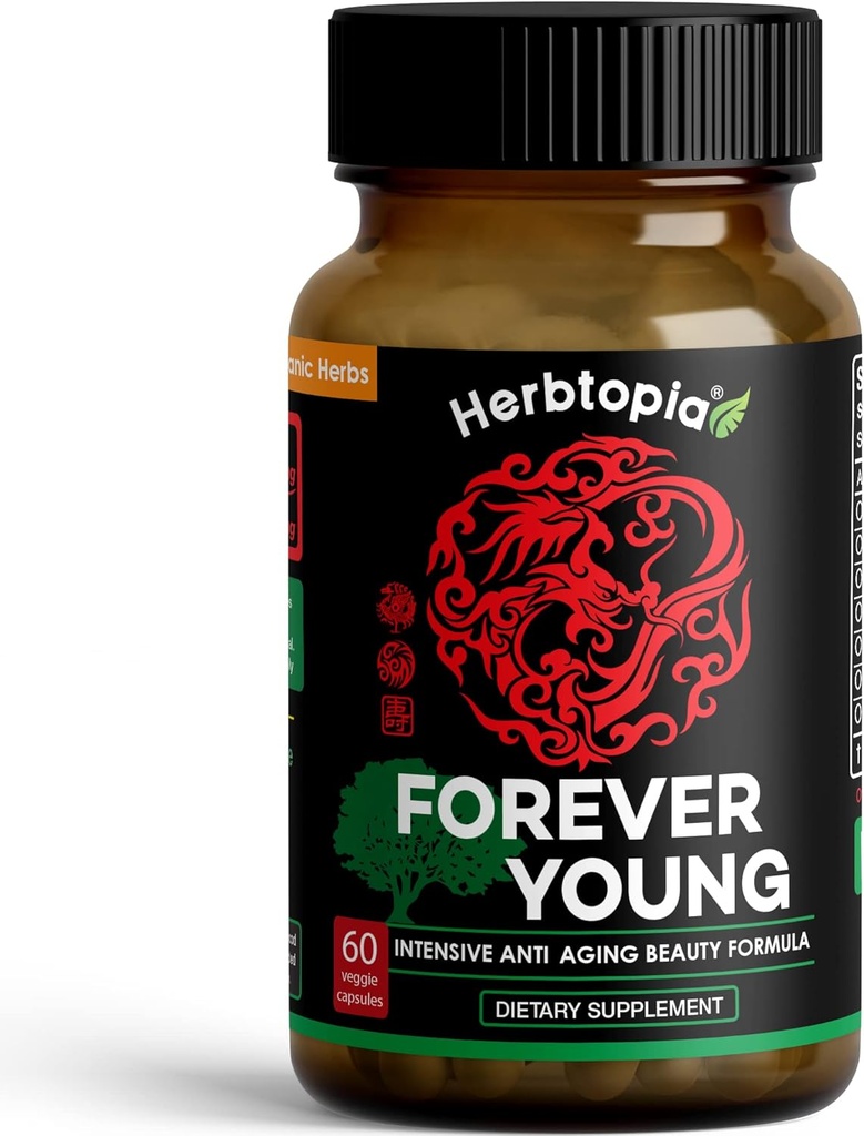 Forever Young Longevity Supplement für Immunität, Anti-Grau-Haar, Telomere Verlängerung & Happy Mood w/Ginseng, Astragalus, Lions Mane, Reishi Mushroom, Codonopsis | Organic - 60 Caps