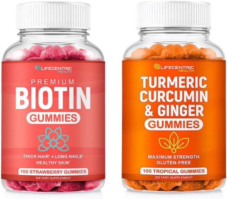 Biotin & Turmeric Vegan Gummies Combo | Max Strength Hair Growth, Skin Health und insgesamt Wellness | 10000mcg Biotin & 95% Standardisierte Kurkumin | Natürliche, Non-GMO und Glutenfreie Ergänzung