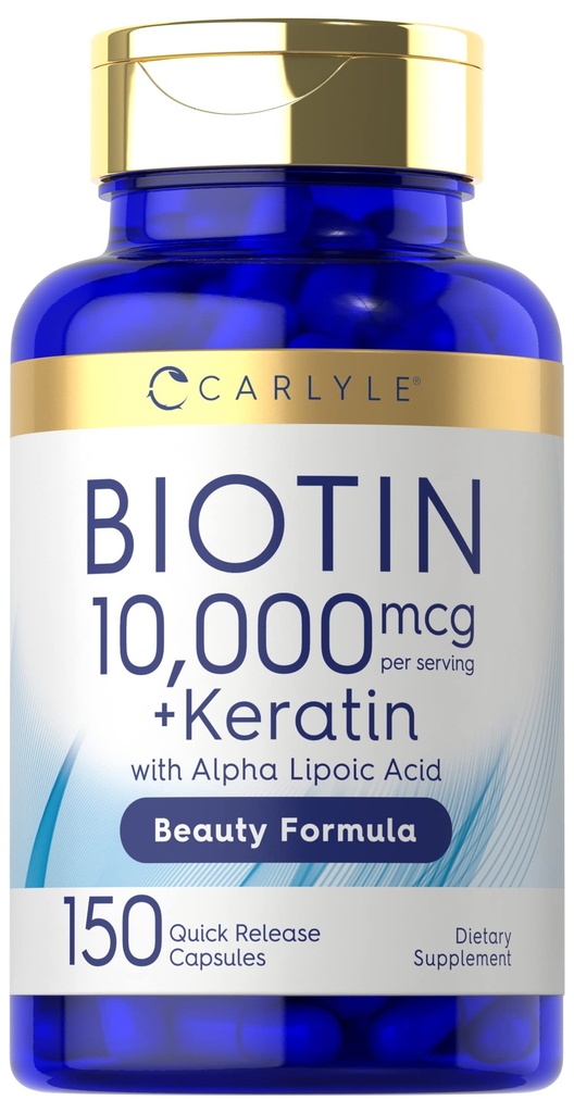 Carlyle Biotin 10000mcg | 150 Kapseln | Beauty Formula mit Keratin | Non-GMO, Glutenfreie Ergänzung