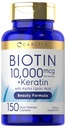 Carlyle Biotin 10000mcg (150 capsules) Formule beauté avec kératine (non-OGM), supplément sans gluten