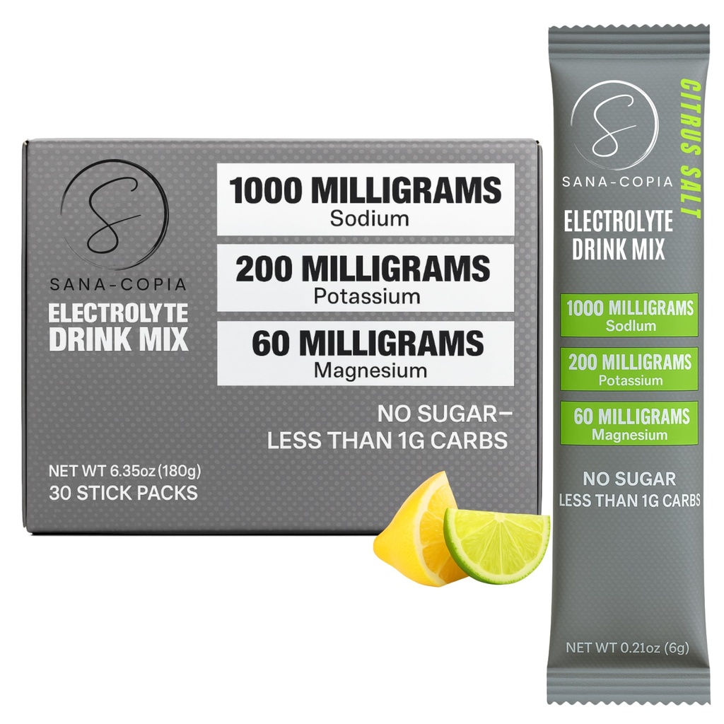 Mélange de boissons électrolytiques Emballages d'hydratation: 1000mg Sodium, Potassium et Magnésium Citrus Sel Poudre Hydratant, Zéro Sucre - 30 Lime Citron Emballages de poudre d'électrolyte, Pour la réhydratation ou le soulagement de la déshydratation